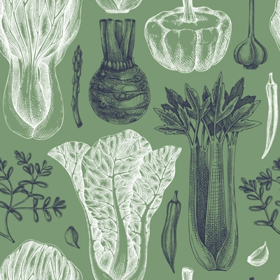 Hand-sketched vegetable background. Vector seamless pattern with hand drawn food elements. Vintage healthy plants in engraved style. Vegetables backdrop for wrapping paper, textile, packaging design